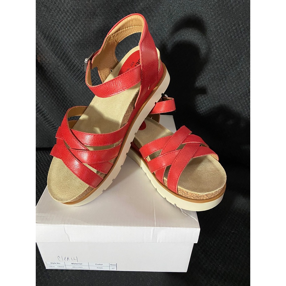 Josef Seibel Clea 14 Red Leather Platform Sandals Womens 37 Kiss 72814-128400